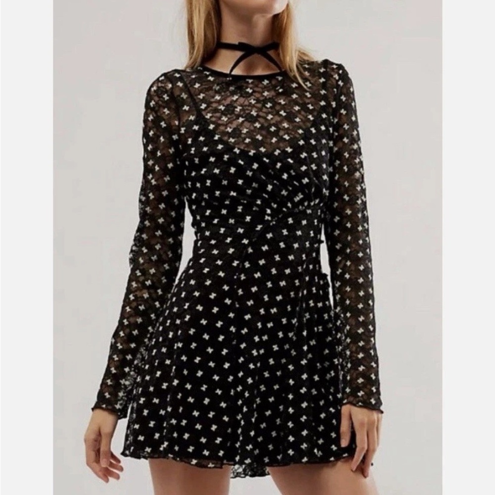 FREE PEOPLE Sheer Delight Long Sleeve Lace Embroidered Minidress SIZE S